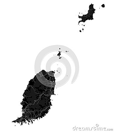 Black Grenada map, Caribbean islands country. Detailed map with administrative border, coastline, cities and roads Vector Illustration