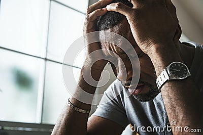 Black guy stressing and headache Stock Photo