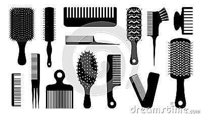 Black hair brush. Silhouettes of combs for haircut. Barber and hairdresser tools. Hairstyling or haircutting equipment. Beauty Vector Illustration