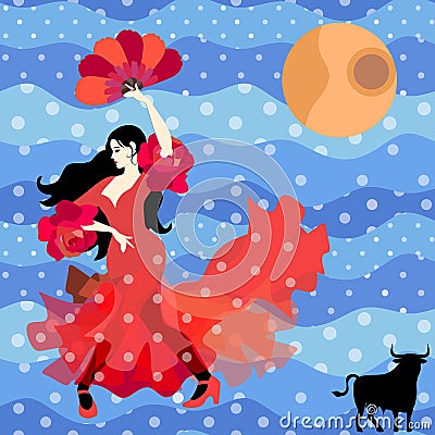 Black-haired Spanish girl dressed in long red dress with flounces in form of roses and with fan in her hands, is dancing flamenco Stock Photo