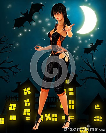 Black haired witch dancing under the moon Stock Photo