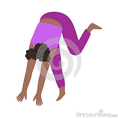 Black-haired woman in pink sportswear doing headstand yoga exercise together. Vector illustration in cartoon style. Vector Illustration