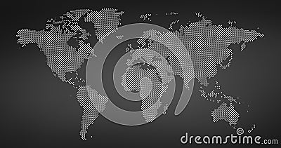 Black halftone dotted world map. Vector illustration. Dotted map in flat design. Vector illustration isolated on black background Cartoon Illustration