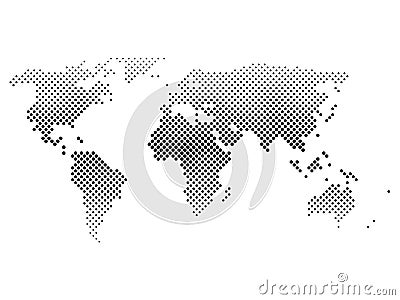 Black halftone world map of small dots in diagonal arrangement. Bilinear horizontal gradient. Simple flat vector Vector Illustration