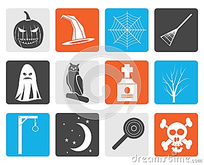 Black halloween icon pack with bat, pumpkin, witch, ghost, hat Vector Illustration