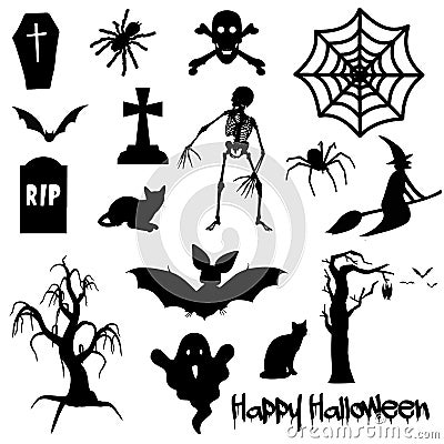 Black Halloween text on white background with spider, pumpkin, crowBlack Halloween objects on white background spider, bat, skele Stock Photo