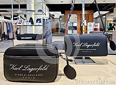 Black hand bags by Karl Lagerfeld in a fashion boutique SKY and MORE, Riga Editorial Stock Photo