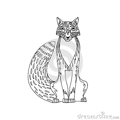 Black hand drawn fox decorative contour image on white background. Stylized tattoo, graphic vector image. Vector Illustration