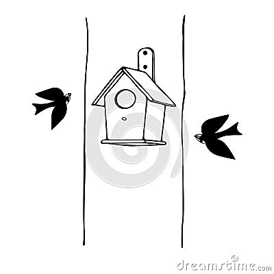 Black hand drawn outline vector illustration of A pair of birds and a birdhouse from new boards on a tree isolated on a Vector Illustration