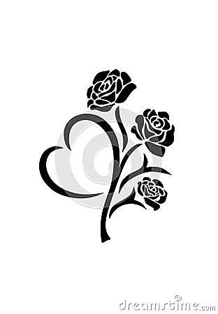 Silhouette vector of black roses flower in tattoo style with heart-shaped leaf isolated on white background. Cartoon Illustration