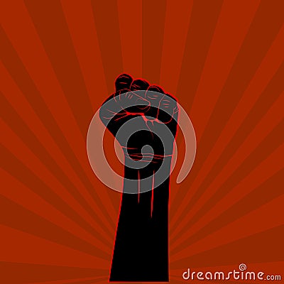 Black hand with fist raised up on red background protest or revolution poster. Vector Vector Illustration
