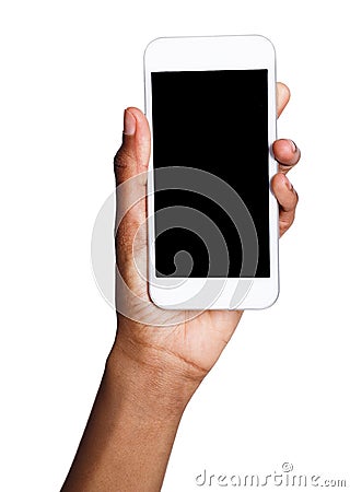 Black hand holding mobile smart phone with blank screen Stock Photo