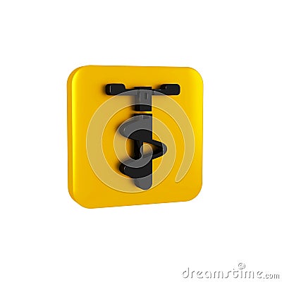 Black Hand ice drill for winter fishing icon isolated on transparent background. Yellow square button. Stock Photo