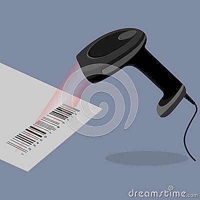 Black handheld barcode scanner scanning bar code Vector Illustration