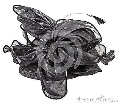 Black handmade brooch with silk ribbons in flower form isolated Stock Photo