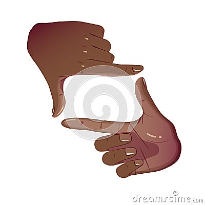 Black Hands Frame Cropping Gesture. Flat Framing hands horizontal cropping. African American Hands taking focus frame shooting Stock Photo