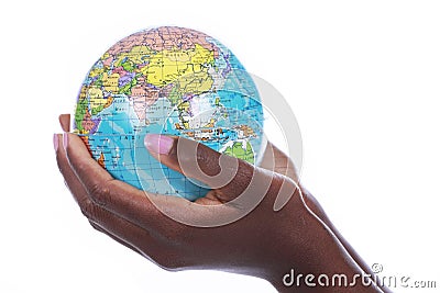 Black hands holding a world globe isolated Stock Photo