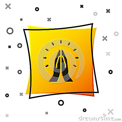 Black Hands in praying position icon isolated on white background. Prayer to god with faith and hope. Yellow square Vector Illustration