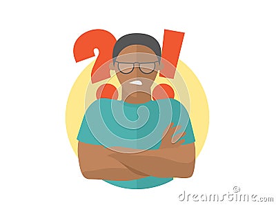 Black handsome man in glasses angry doubts, offended. Flat design icon. Guy with a question and exclamation marks. Simply editable Vector Illustration