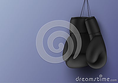 Black hanging boxing gloves banner with copy space realistic vector fight sport equipment Vector Illustration