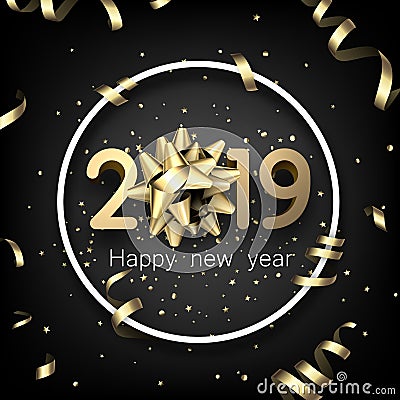 Black 2019 happy New Year card with gold bow and serpentine. Vector Illustration