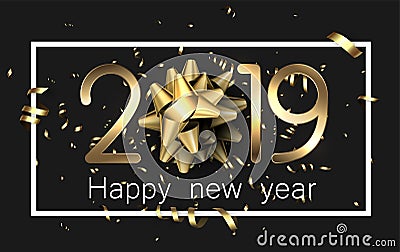 Black 2019 happy New Year card with golden bow and serpentine. Vector Illustration