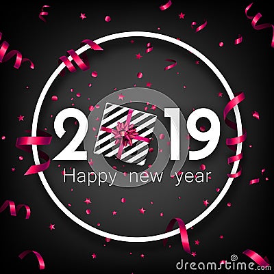 Black 2019 happy New Year card with pink top view gift. Vector Illustration