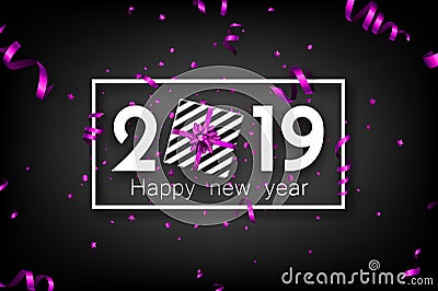 Black 2019 happy New Year card with purple top view gift. Vector Illustration