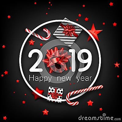 Black 2019 happy New Year card with red bow, gift and candy. Vector Illustration