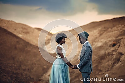 Newlyweds stand and hold hands in canyon against beautiful landscape. Stock Photo