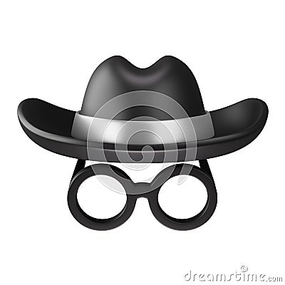 Black hat and eyeglasses icon, anonymous, spy person or detective face Cartoon Illustration