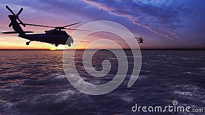 Black hawk military helicopters fly at sunrise across the boundless sea. 3D Rendering Stock Photo