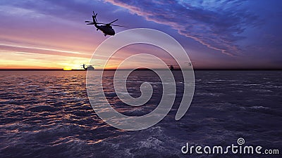 Black hawk military helicopters fly at sunrise across the boundless sea. 3D Rendering Stock Photo