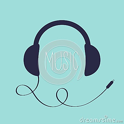 Black headphones earphones with cord plug and word Music. Headset icon. Headphone speaker. Greeting Card. Flat design. Blue Vector Illustration