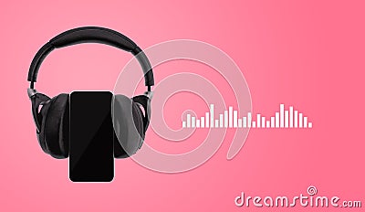 Black headphones and mobile phone isolated on pink background with music sound wave visualization Stock Photo