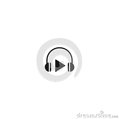 Black headphones with play sign. Flat vector earphones icon isolated on white. Vector Illustration