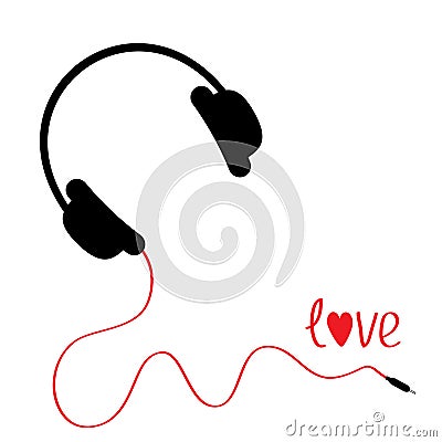 Black headphones with red cord. Love card. Vector Illustration