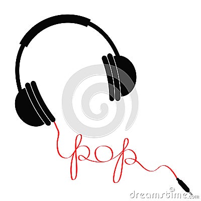 Black headphones with red cord in shape of word pop. Music card. Flat design icon White background. Isolated Vector Illustration