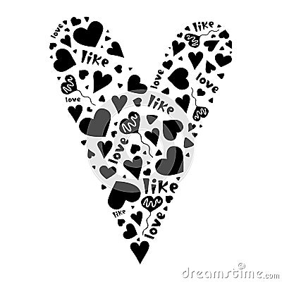 Black heart of cute hearts, words and balloons Vector Illustration