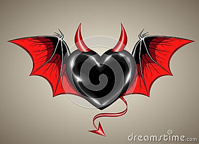 Black heart with vampire wings and horn Vector Illustration