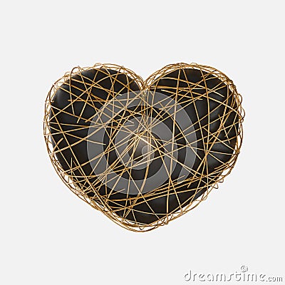 A black heart wrapped with gold ribbons. 3d render. Element for valentine's day. Stock Photo