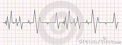 Black heartbeat diagram on red graph paper. Electrocardiogram chart. Cardio test line. Cardiac rhythm symbol. Vector Vector Illustration