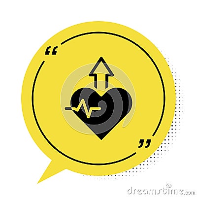 Black Heartbeat increase icon isolated on white background. Increased heart rate. Yellow speech bubble symbol. Vector Vector Illustration