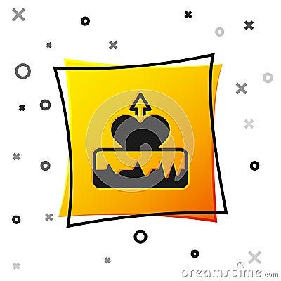 Black Heartbeat increase icon isolated on white background. Increased heart rate. Yellow square button. Vector Stock Photo