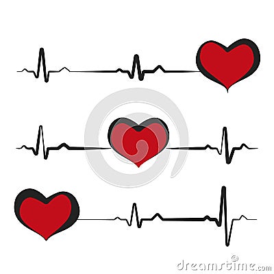 Black heartbeat with red heart isolated on white background. Electro-cardiogram, pulse of heart. Love icon, logo Vector Illustration