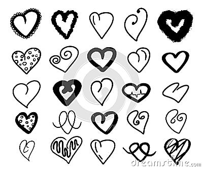 Black hearts collection. Big set hand drawn heart love on a white background. Doodle cartoon romantic style. For wedding poster Cartoon Illustration