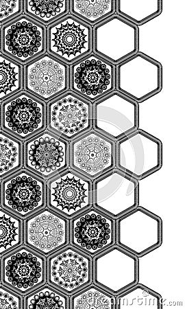 Black hexagon doily crochet lace ornate border vector design with stitched embroidery effect. Great for scrap booking, weddings, Stock Photo