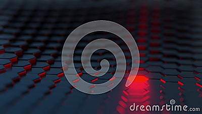 Black Hexagonal Array with One Red Glowing element Stock Photo