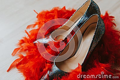 Black high heel women shoes isolated on table Stock Photo