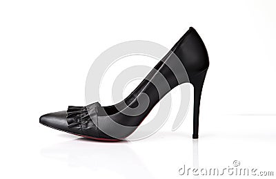 Black high heel women shoes with red sole and flounce isolated on white background Stock Photo